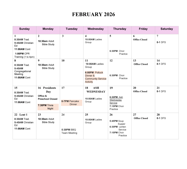 February 2026 Lord of Life Lutheran Church calendar