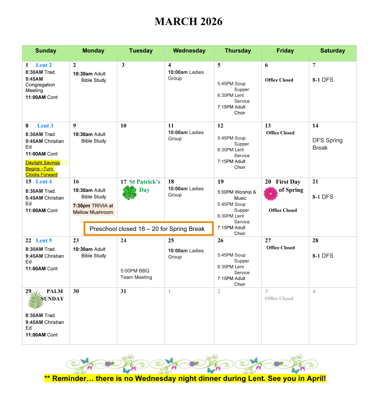 March 2026 Lord of Life Lutheran Church calendar