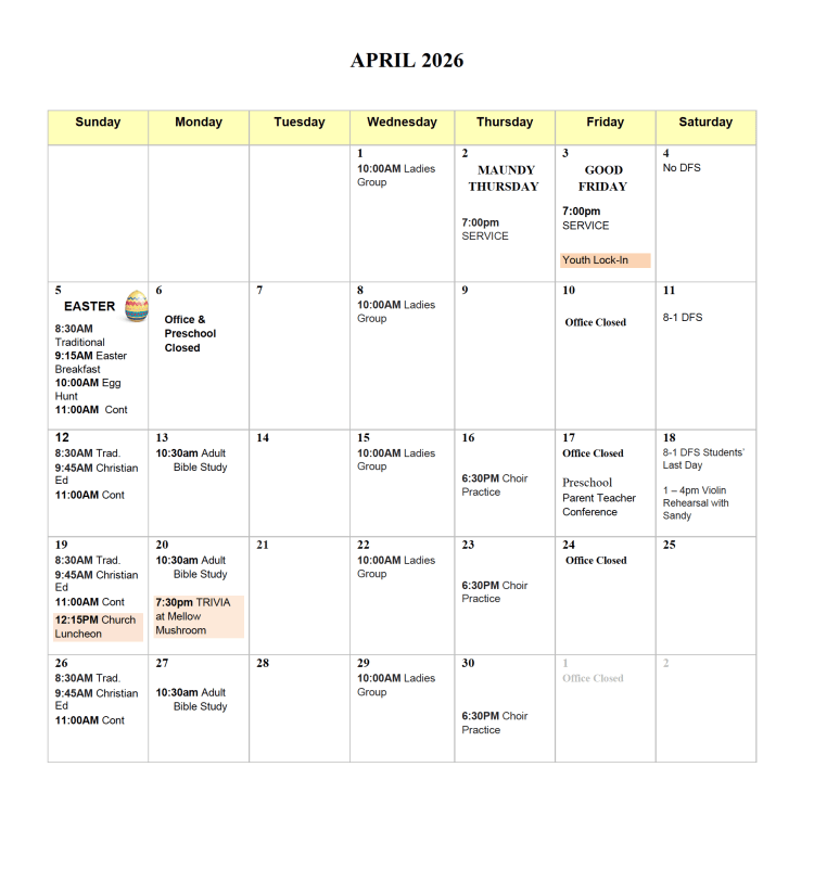 April 2026 Lord of Life Lutheran Church calendar