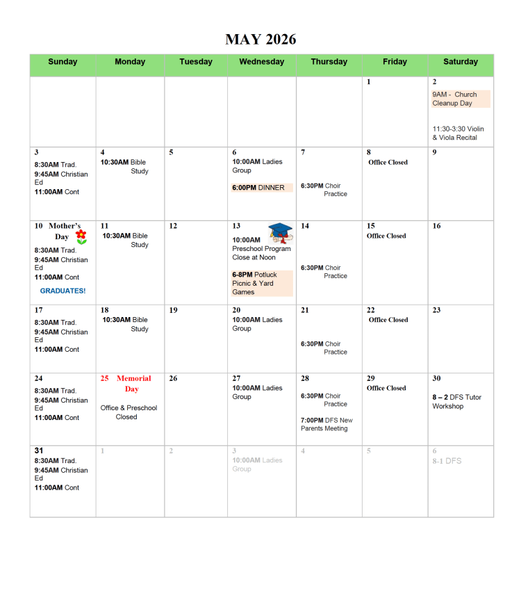 May 2026 Lord of Life Lutheran Church calendar