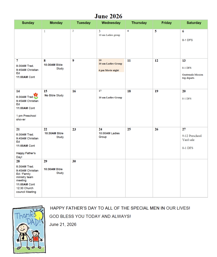 June 2026 Lord of Life Lutheran Church calendar