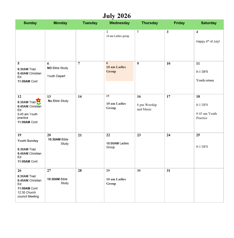 July 2026 Lord of Life Lutheran Church calendar