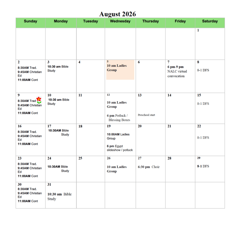 August 2026 Lord of Life Lutheran Church calendar