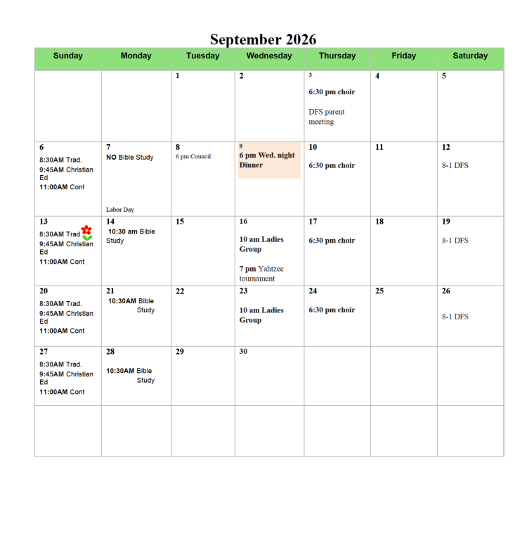 September 2026 Lord of Life Lutheran Church calendar
