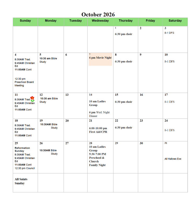 October 2026 Lord of Life Lutheran Church calendar